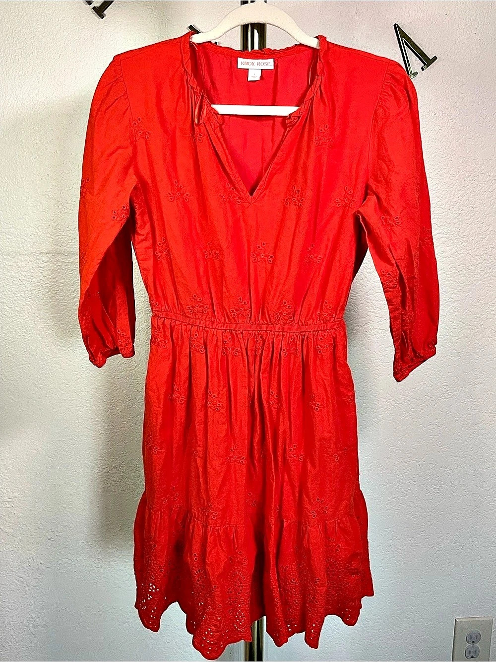KNOX ROSE Ruffle Short Sleeve Eyelet A-Line Dress Red Dress